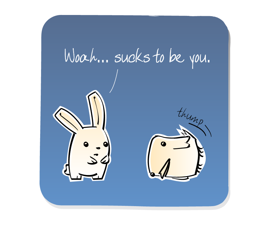 Panel 3: Bird falls over while Bunny watches. Sound effects: Thump. Bunny says: "Woah... sucks to be you."
