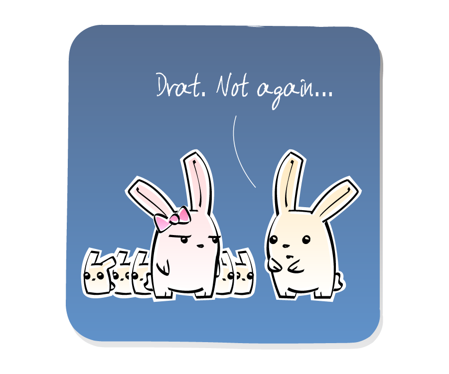 Panel 3: An unamused Bunny Girl is surrounded by baby bunnies while Bunny responds with a blank expression. Bunny says: "Drat. Not again..."