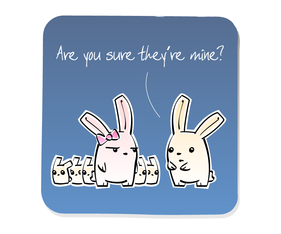 Panel 1: Bunny questions an unimpressed Bunny Girl surrounded by baby bunnies. Bunny says: "Are you sure they're mine?"