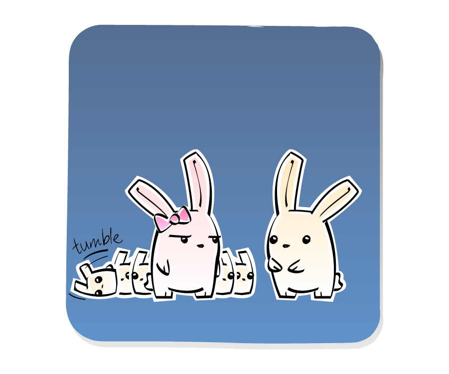 Panel 2: A baby bunny falls over. Sound effects: Tumble.