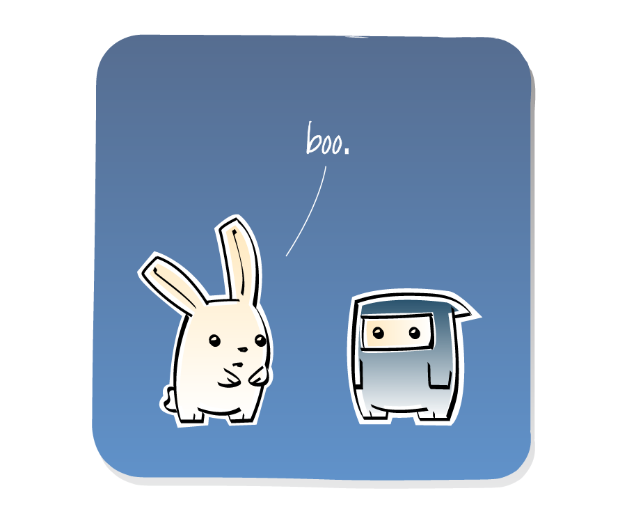 Panel 2: Bunny softly responds to Ninja. Bunny says: "boo."