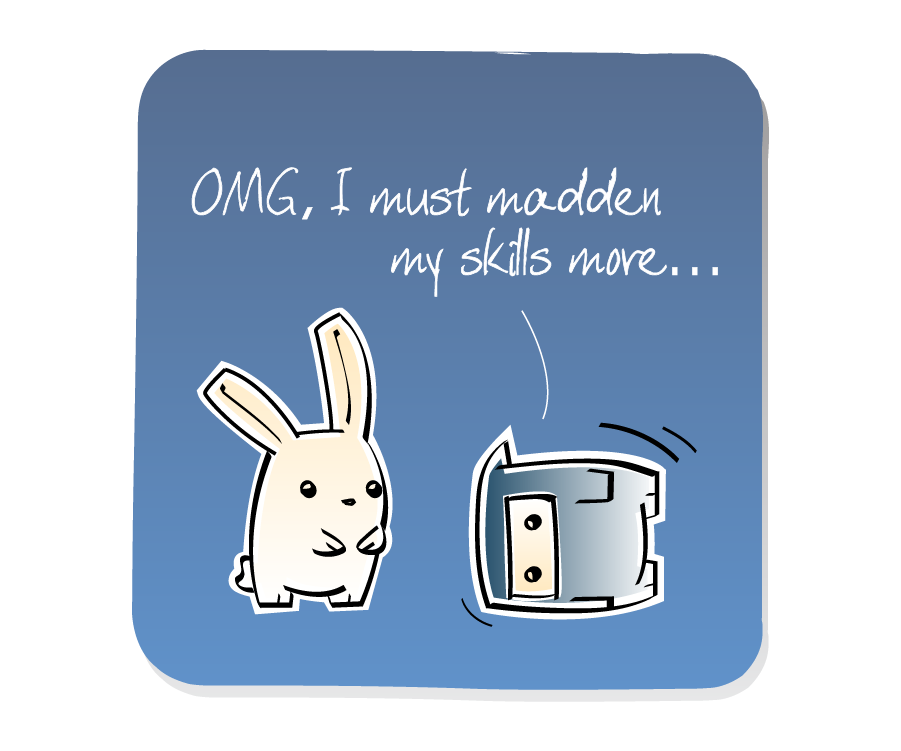 Panel 3: Ninja is defeated by Bunny's surprise attack and falls down. Ninja says: "OMG. I must madden my skills more..."