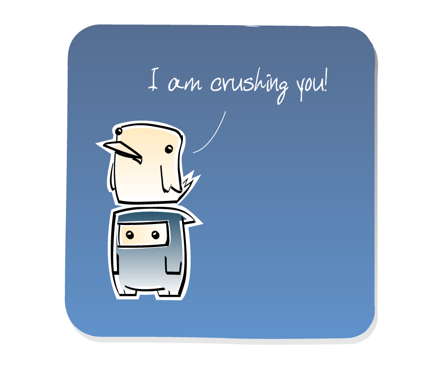 Panel 1: Bird is on Ninja's head. Bird says: "I am crushing you!"