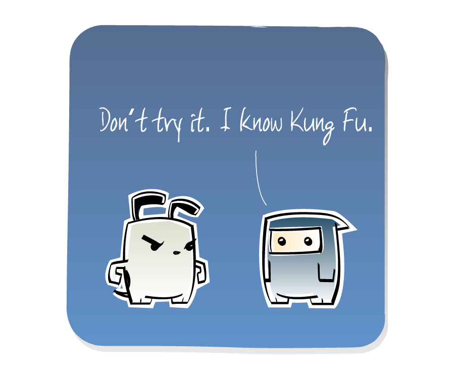 Panel 1: Ninja threatens an angry Dog. Ninja says: "Don't try it. I know Kung Fu."