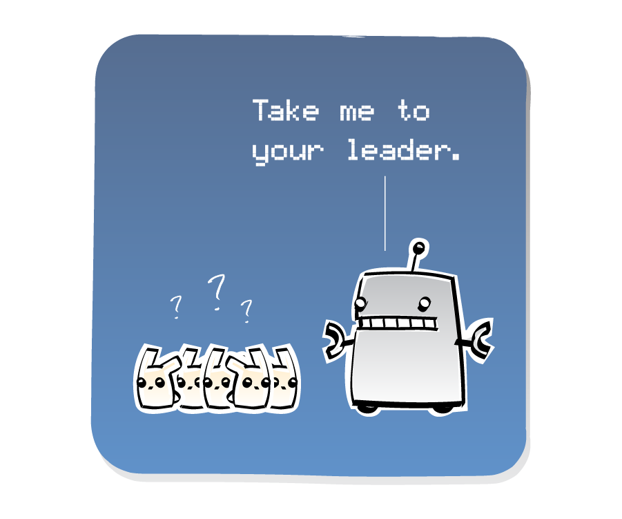 Panel 1: Robot approaches baby bunnies. Robot says: "Take me to your leader." Eeps says: "? ? ?"