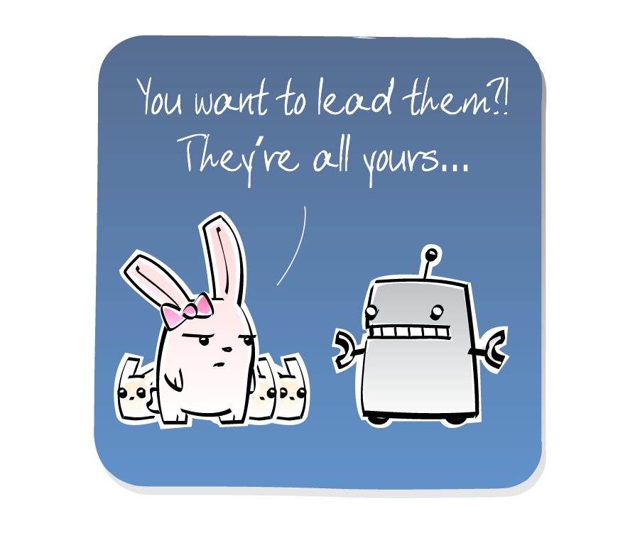 Panel 2: Bunny Girl confronts Robot. Bunny Girl says: "You want to lead them?! They're all yours..."