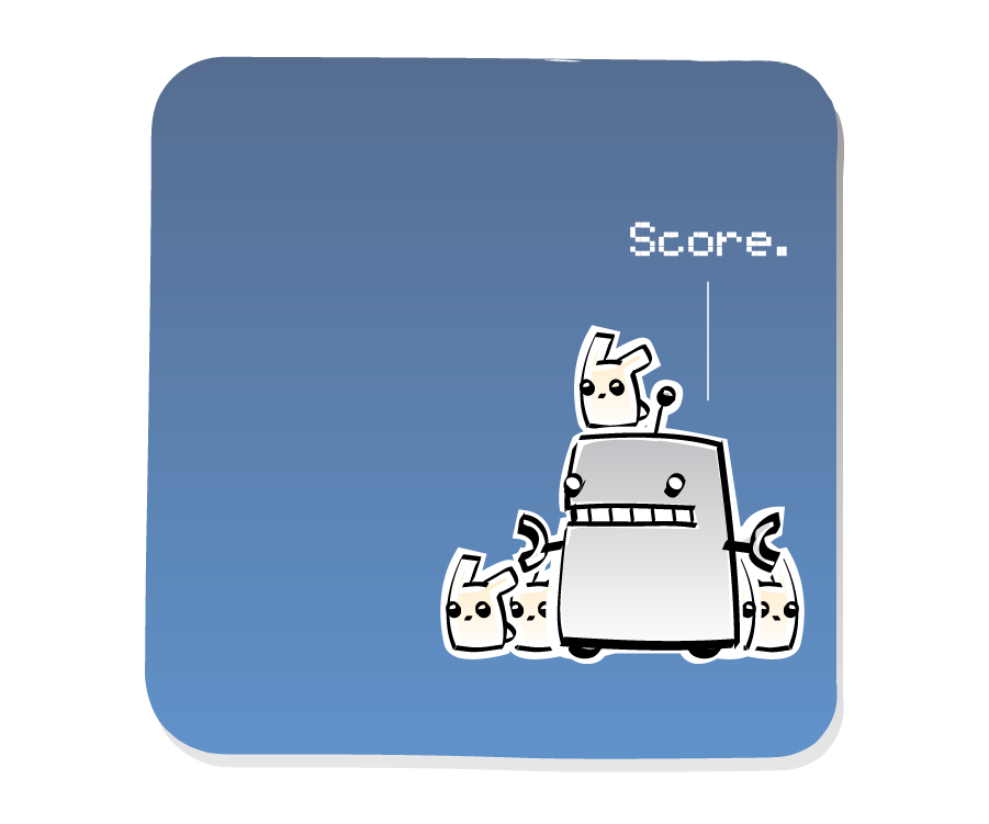 Panel 3: Baby bunnies cluster around Robot. Robot says: "Score."