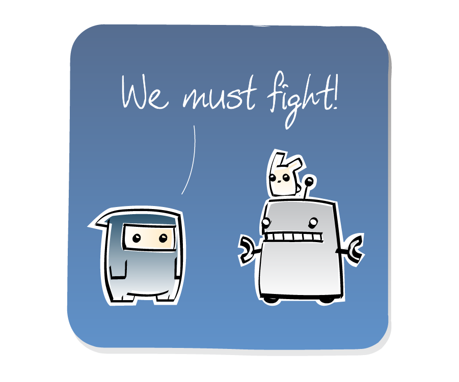Panel 1: Ninja challenges Robot and baby bunny to a fight. Ninja says: "We must fight!"