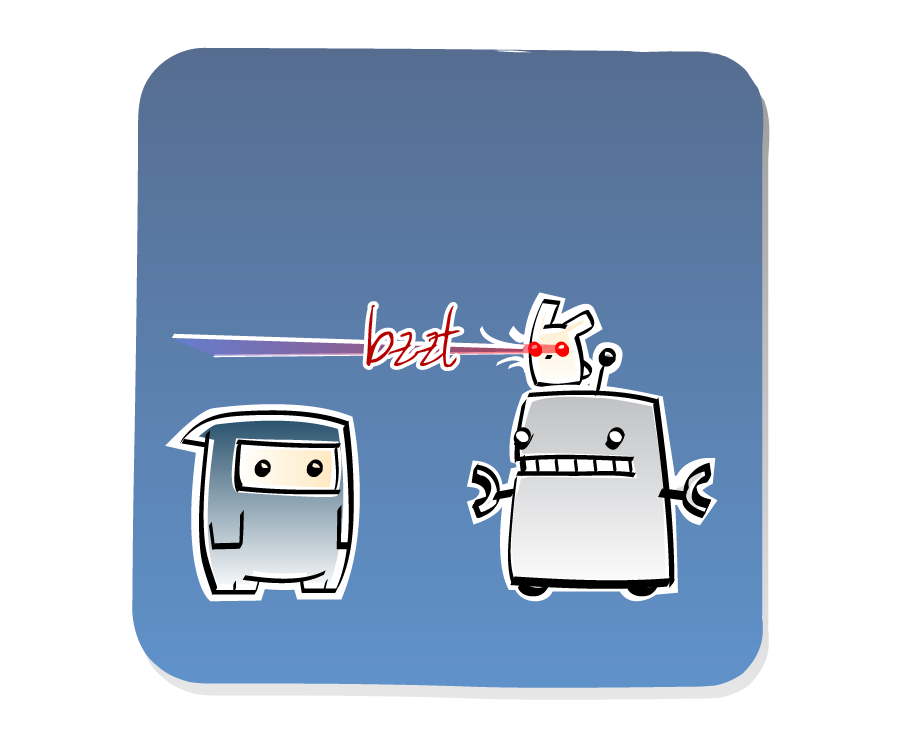 Panel 2: Baby bunny fires a laser beam at Ninja from atop Robot. Sound effects: bzzt.