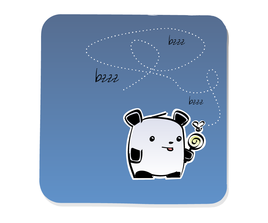 Panel 2: A Gnat buzzes all around Panda's head and lands on his lollipop. Sound effects: bzzz.