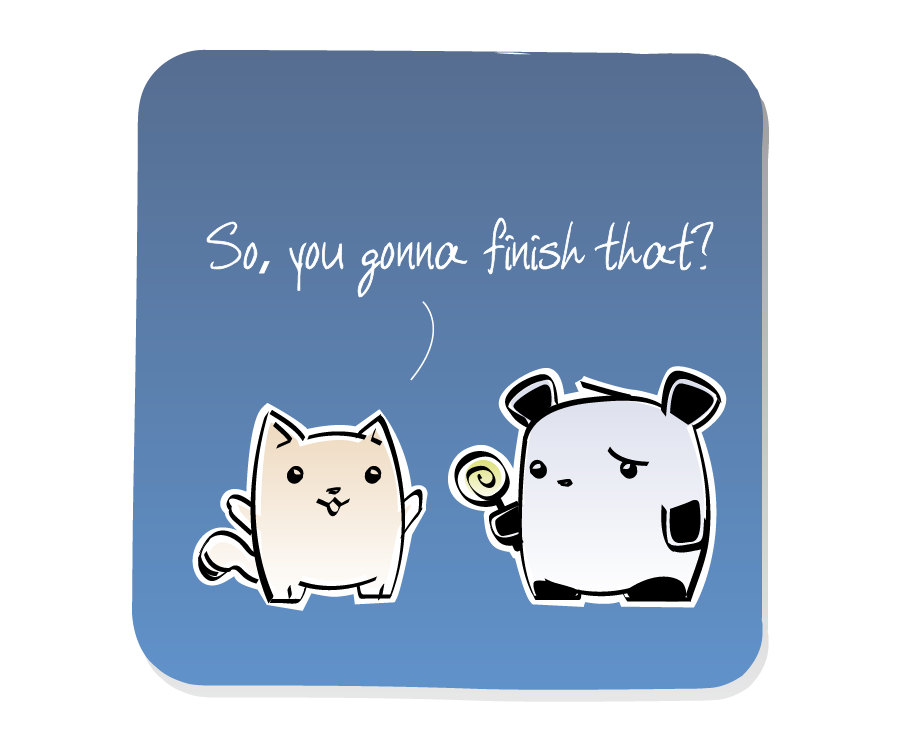 Panel 3: Cat asks Panda for his lollipop. Cat says: "So, you gonna finish that?"