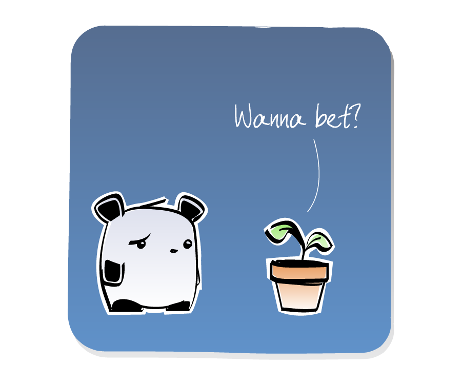 Panel 3: Plant insults a disappointed Panda. Plant says: "Wanna bet?"