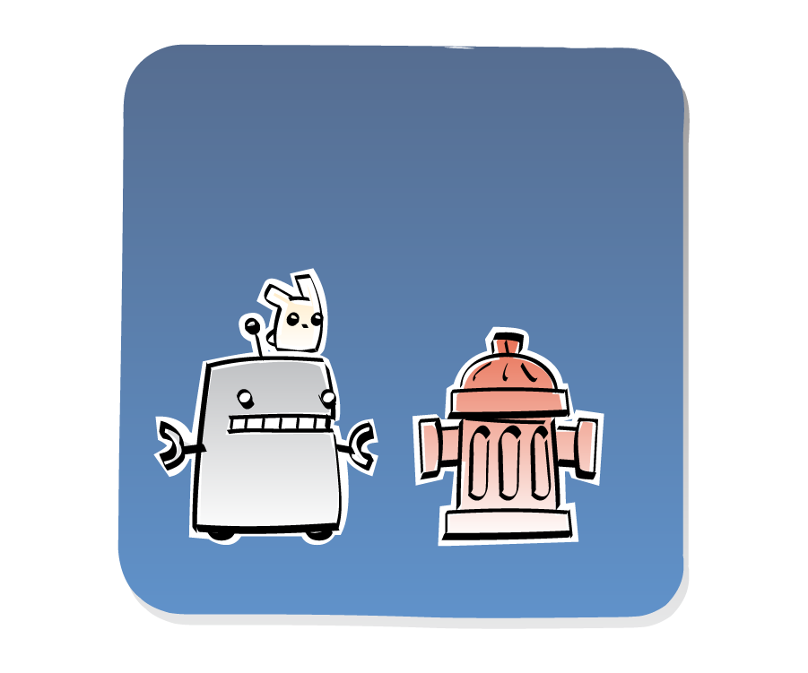 Panel 1: Robot looks at Fire Hydrant.