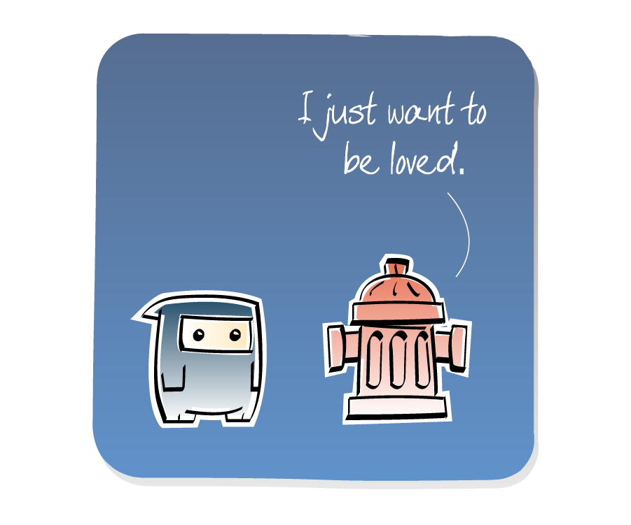 Panel 2: Fire Hydrant responds to Ninja. Fire Hydrant says: "I just want to be loved."
