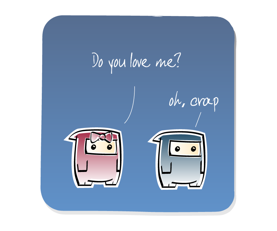Panel 1: Ninja Girl approaches Ninja from behind and confronts him. Ninja Girl says: "Do you love me?" Ninja says: "oh, crap"