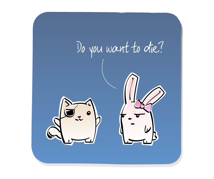 Panel 2: Bunny Girl turns to threaten Cat, who is wearing an eyepatch. Bunny Girl says: "Do you want to die?"