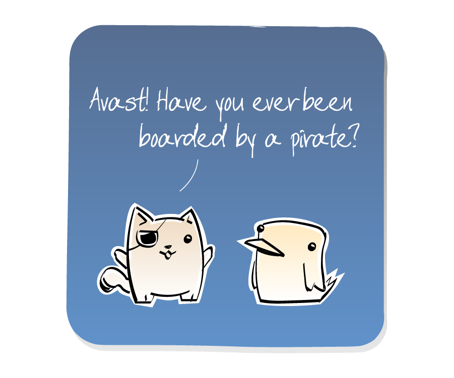 Panel 1: Cat, wearing an eyepatch, is asking Bird a question. Cat says: "Avast! Have you ever been boarded by a pirate?"
