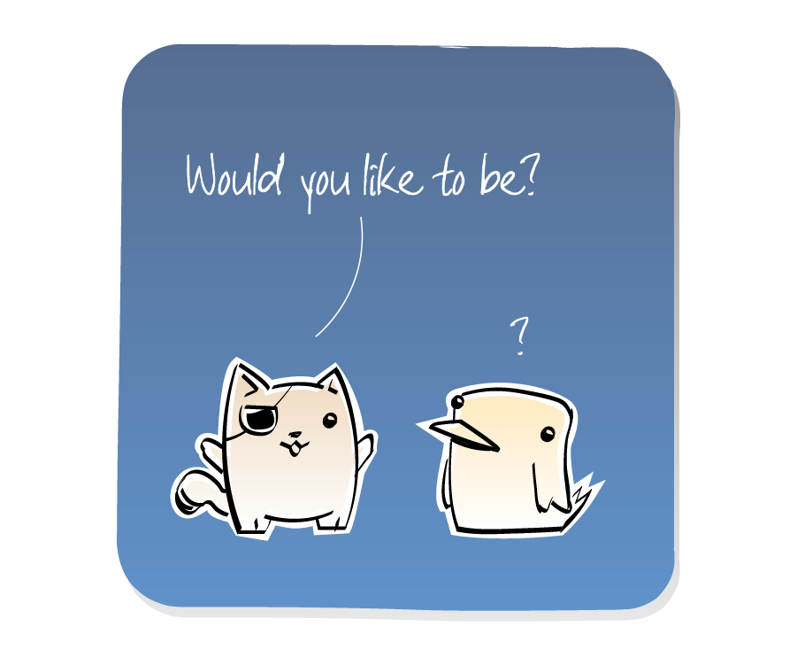 Panel 3: Cat, wearing an eyepatch, asks another question that confused Bird. Cat says: "Would you like to be?" Bird says: "?"