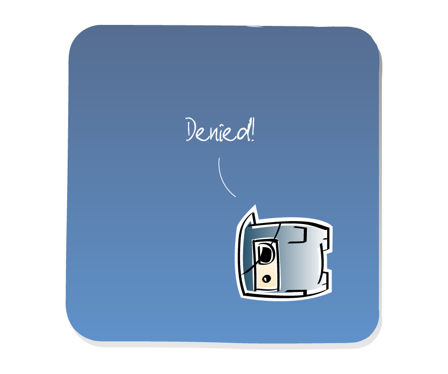 Panel 3: Ninja, wearing an eyepatch, falls over. Ninja says: "Denied!"