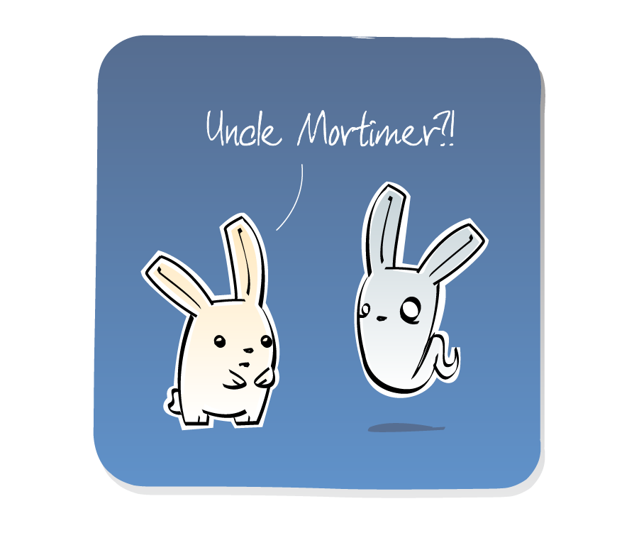 Panel 1: Bunny is surprised to see Bunny Ghost. Bunny says: "Uncle Mortimer?!"