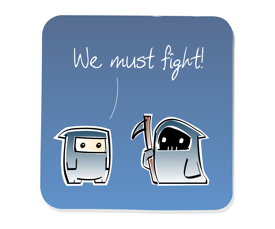 Panel 1: Ninja challenges Death, who is holding a scythe. Ninja says: "We must fight!"