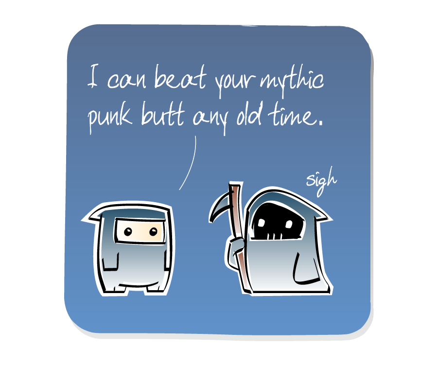 Panel 3: Ninja taunts Death, who is holding a scythe and is unimpressed. Ninja says: "I can beat your mythic punk butt any old time." Death says: "Sigh"