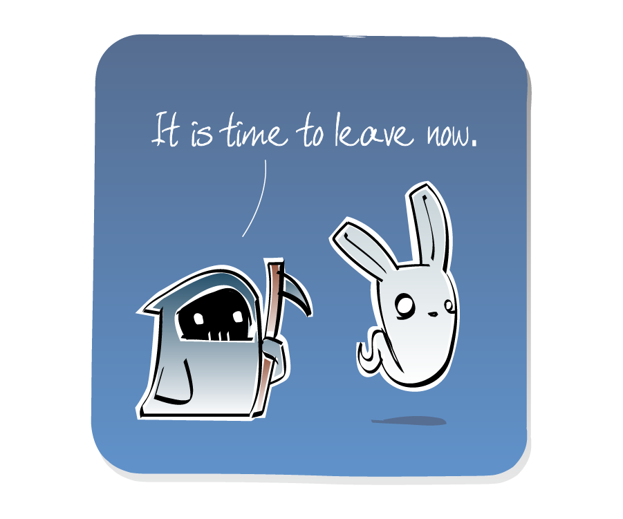 Panel 1: Death, holding a scythe, approaches Bunny Ghost. Death says: "It is time to leave now."