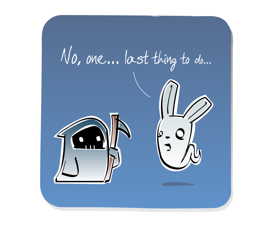 Panel 2: Bunny Ghost turns to answer Death, who is holding a scythe. Bunny Ghost says: "No, one... last thing to do..."