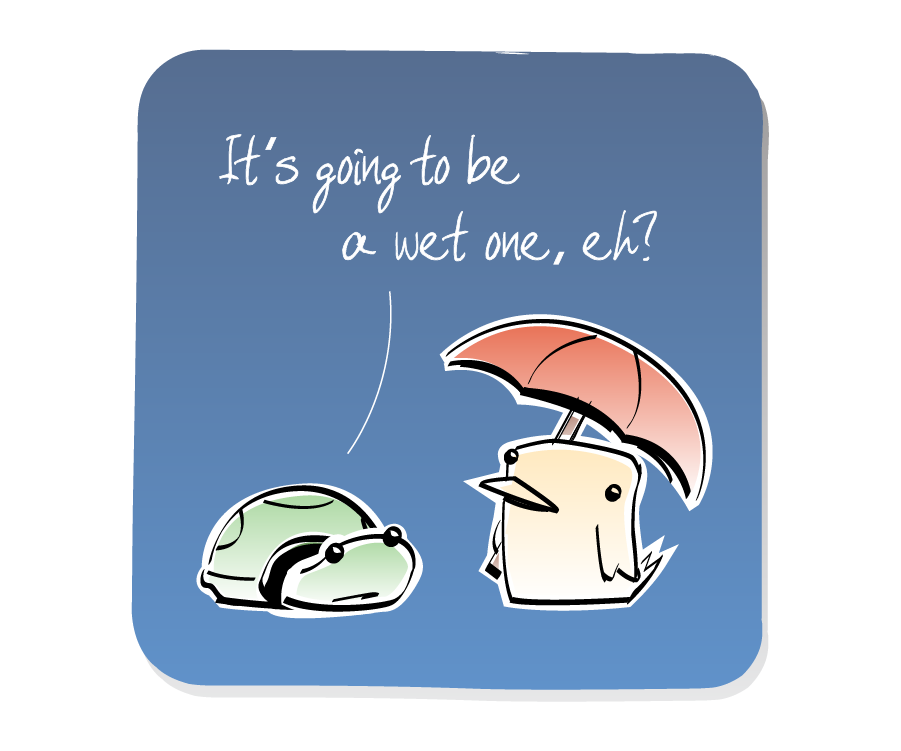 Panel 1: Turtle talks to Bird, who is holding an umbrella. Turtle says: "It's going to be a wet one, eh?"