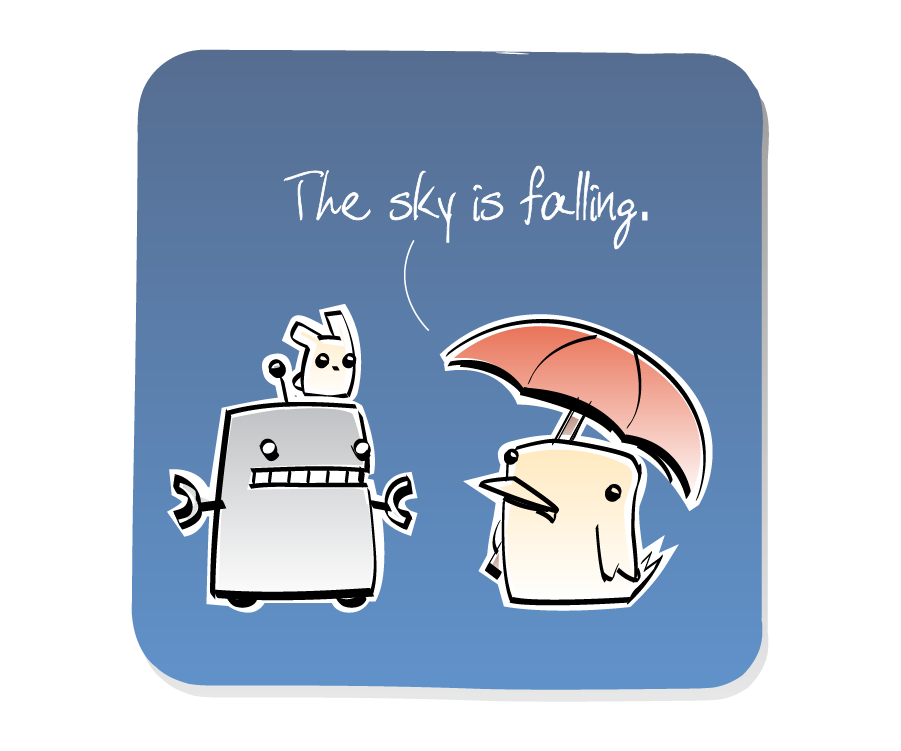 Panel 1: Bird, holding an umbrella, addresses Robot, who has an Eep on his head. Bird says: "The sky is falling."