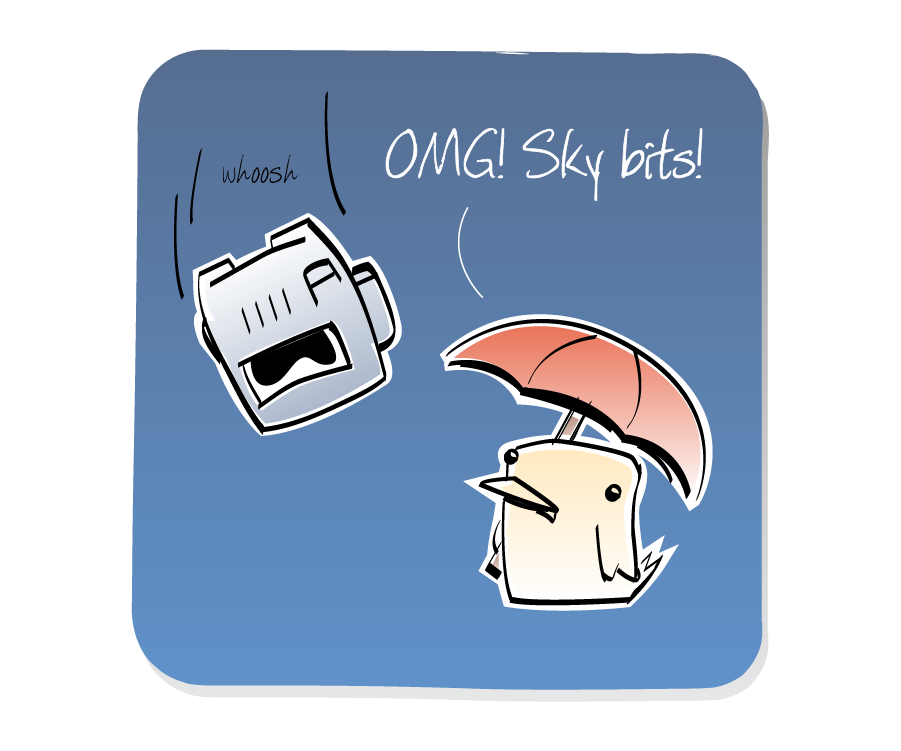 Panel 1: Bird, holding an umbrella, is alarmed as a Spaceman falls from the sky in front of him. Sound effects: whoosh. Bird says: "OMG! Sky bits!"