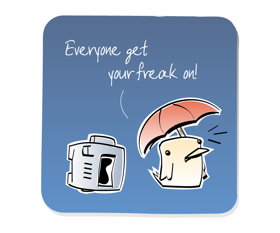 Panel 2: Bird, holding an umbrella, turns and runs in panic from a Spaceman lying on the ground. Bird says: "Everyone get your freak on!"