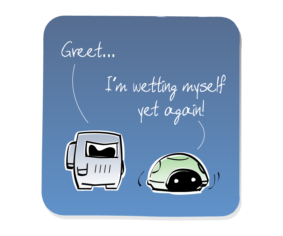Panel 2: Turtle hides in his shell, shaking, as Spaceman approaches from behind. Spaceman says: "Greet..." Turtle says: "I'm wetting myself yet again!"