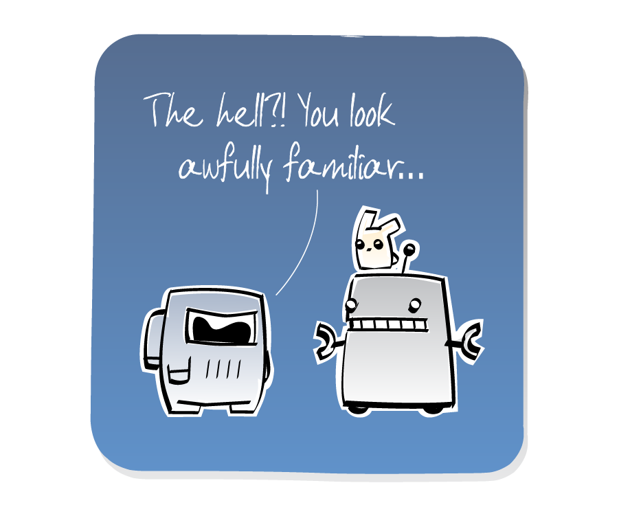 Panel 1: Spaceman approaches Robot, who has an Eep on his head. Spaceman says: "The hell?! You look awfully familiar..."