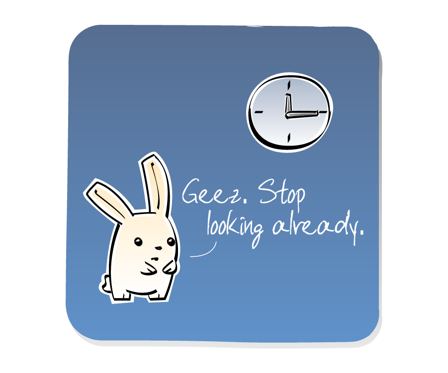 Panel 3: Bunny stands below a clock, talking to the reader. Bunny says: "Geez. Stop looking already."