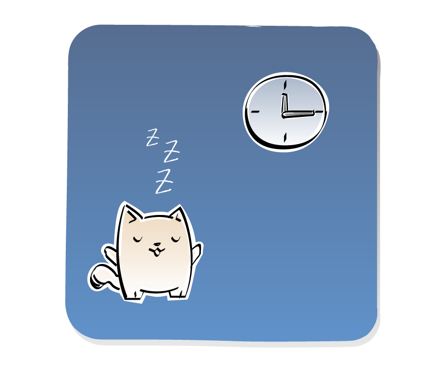 Panel 1: Cat stands below a clock, sleeping. Cat says: "Zzz"