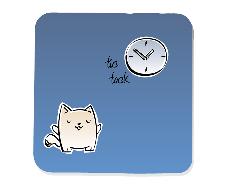 Panel 2: Cat stands below a clock, sleeping. Sound effects: tic tock.