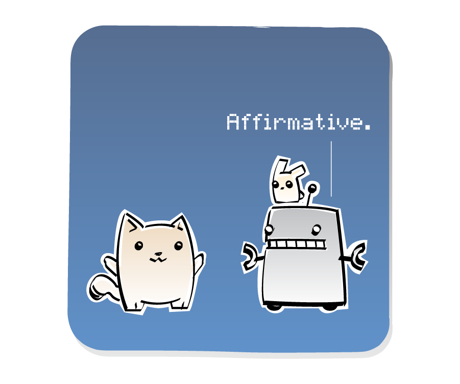 Panel 2: Robot, with an Eep on his head, answers Cat. Sound effects: tic tock. Robot says: "Affirmative."