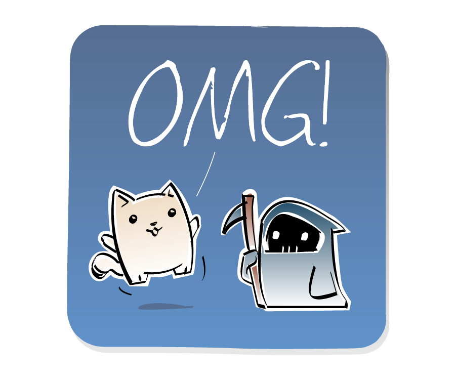 Panel 2: Cat jumps up in shock next to Death, who holds a scythe. Cat says: "OMG!"