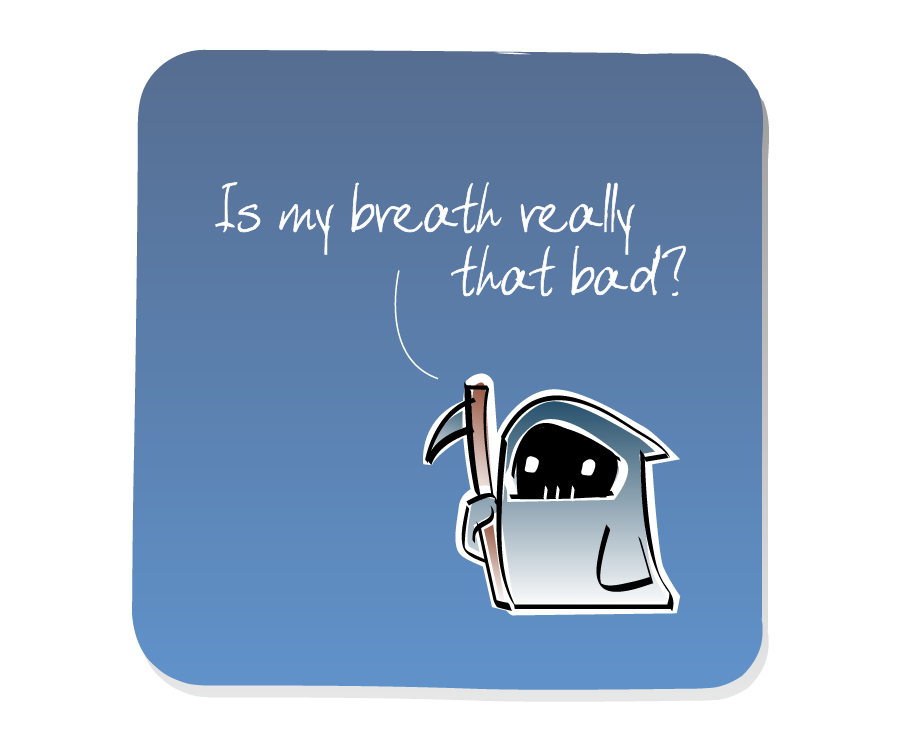 Panel 3: Death stands alone holding a scythe. Death says: "Is my breath really that bad?"