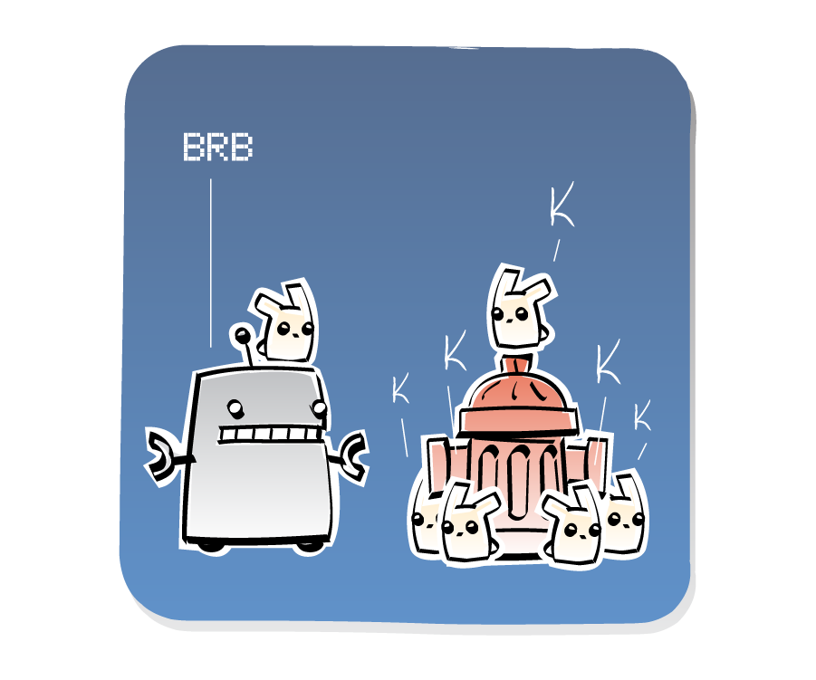 Panel 1: Robot stands with an Eep on its head next to a fire hydrant surrounded by Eeps. Robot says: "BRB" Eeps says: "K"