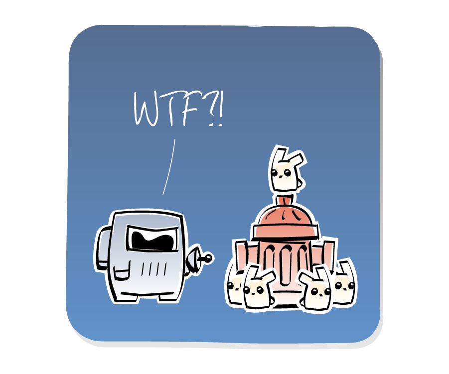 Panel 3: Spaceman appears and looks at the fire hydrant covered in Eeps. Spaceman says: "WTF?!"