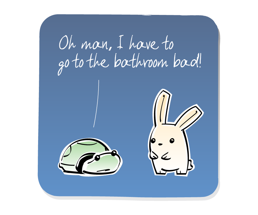 Panel 1: Turtle sits on the ground next to Bunny. Turtle says: "Oh man, I have to go to the bathroom bad!"