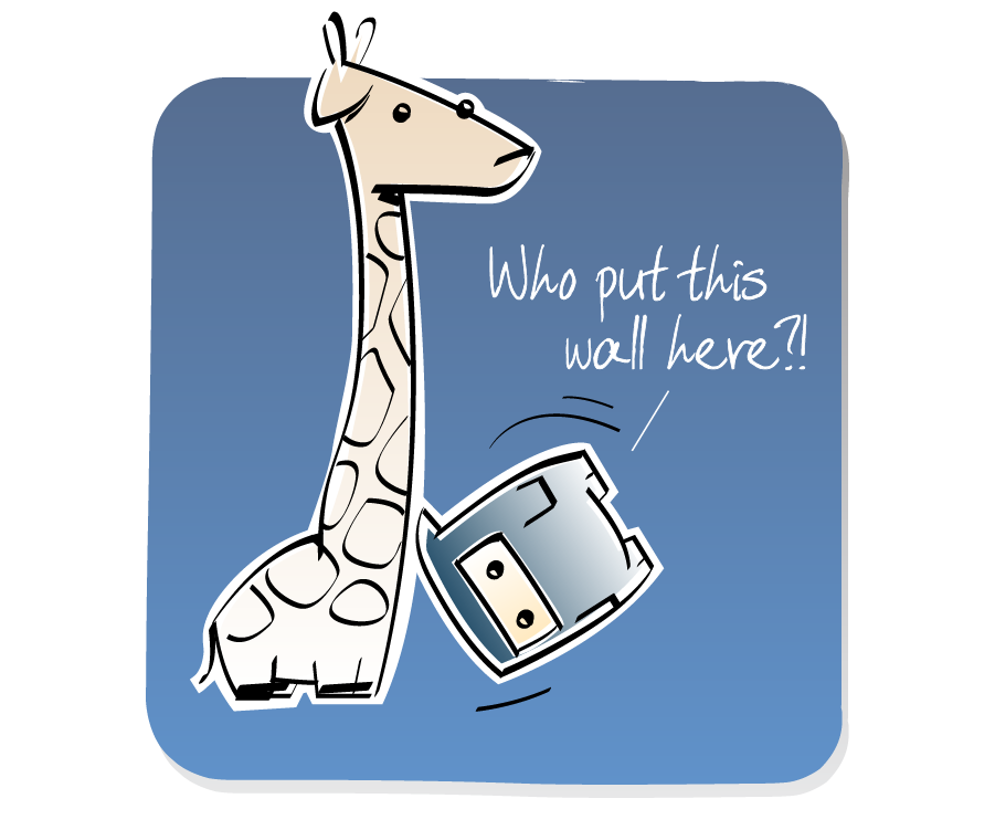 Panel 3: Ninja hits Giraffe and bounces off. Ninja says: "Who put this wall here?!"