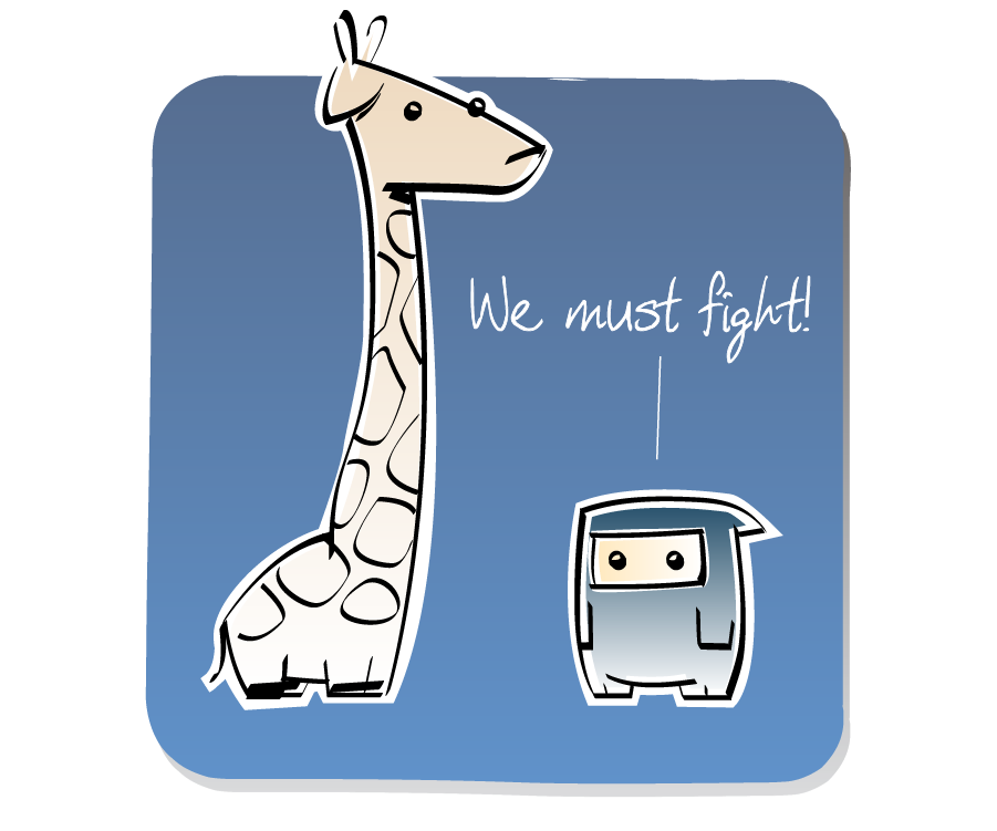 Panel 1: Giraffe towers above Ninja. Ninja says: "We must fight!"