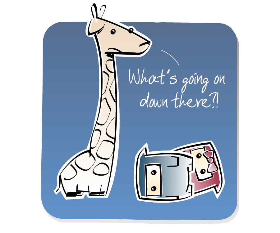 Panel 3: Ninja and Ninja Girl fall onto their sides while Giraffe barely notices. Giraffe says: "What's going on down there?!"