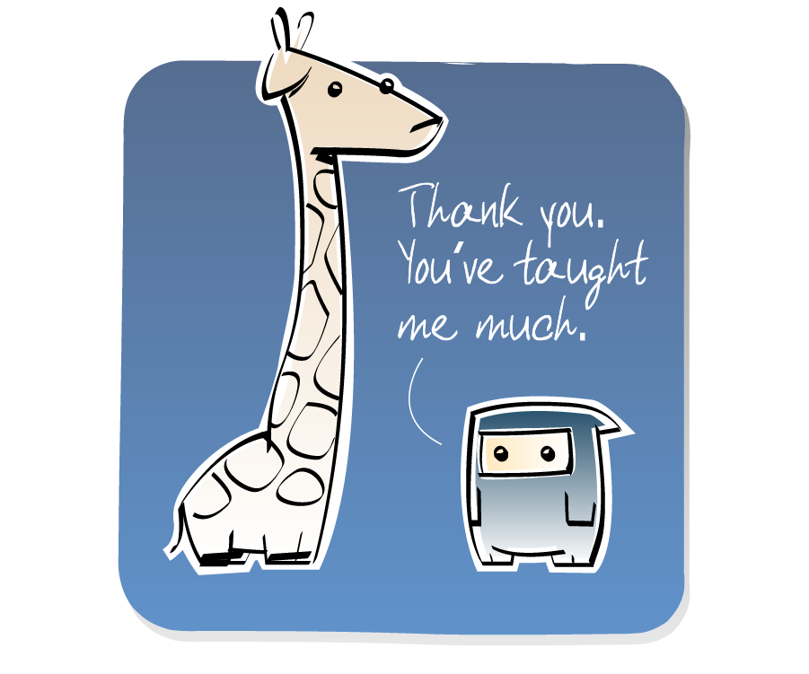 Panel 1: Ninja stands next to a towering giraffe. Ninja says: "Thank you. You've taught me much."