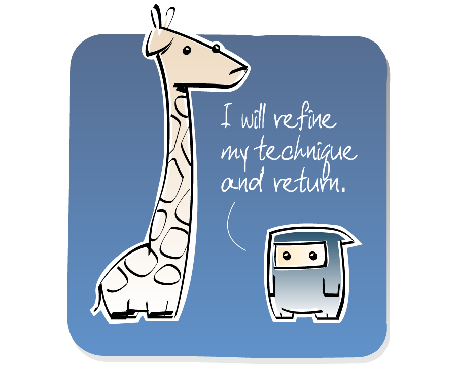 Panel 2: Ninja continues speaking to Giraffe, who ignores him. Ninja says: "I will refine my technique and return."