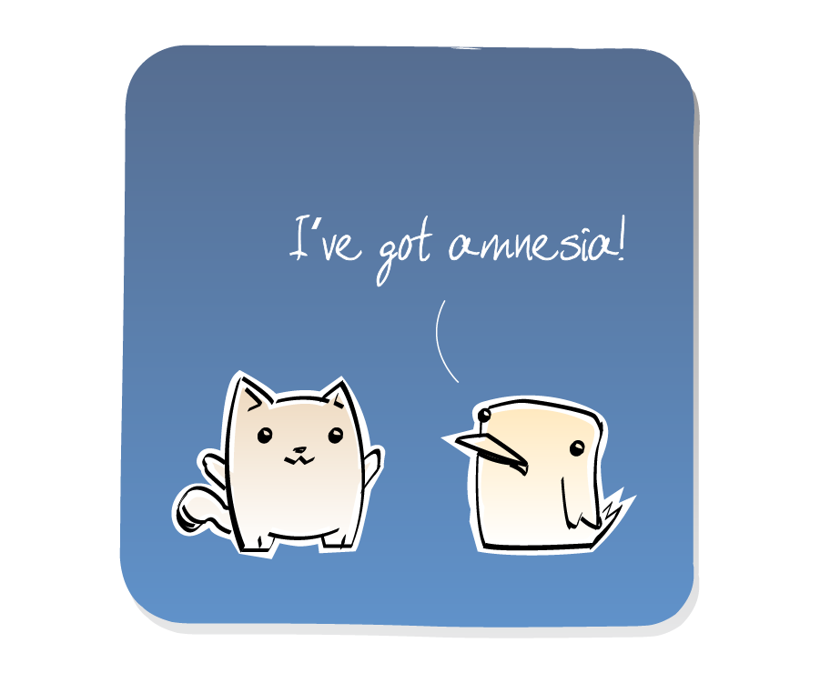 Panel 1: Bird talks to Cat. Bird says: "I've got amnesia!"