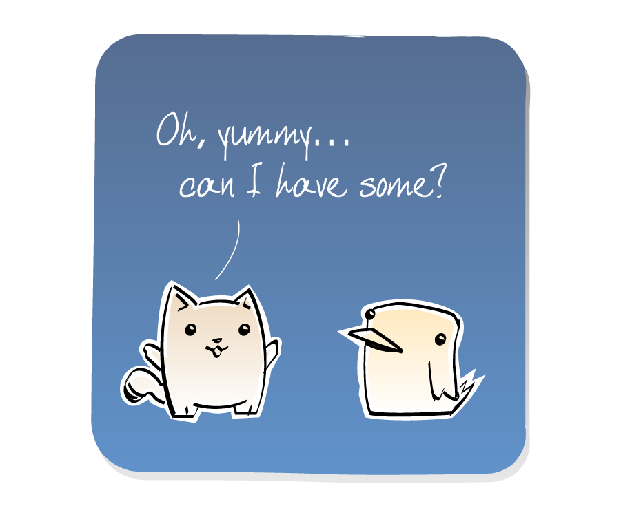 Panel 2: Cat talks to Bird. Cat says: "Oh, yummy... can I have some?"